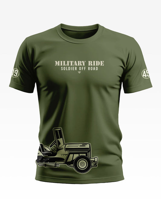 Olive green men's t-shirt with 'Military Ride Soldier Off Road' text and army jeep graphic