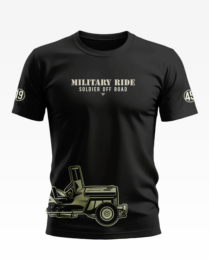 Black men's t-shirt with 'Military Ride Soldier Off Road' text and jeep graphic print