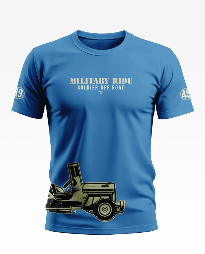 Blue men's t-shirt with 'MILITARY RIDE SOLDIER OFF ROAD' text and army jeep graphic print