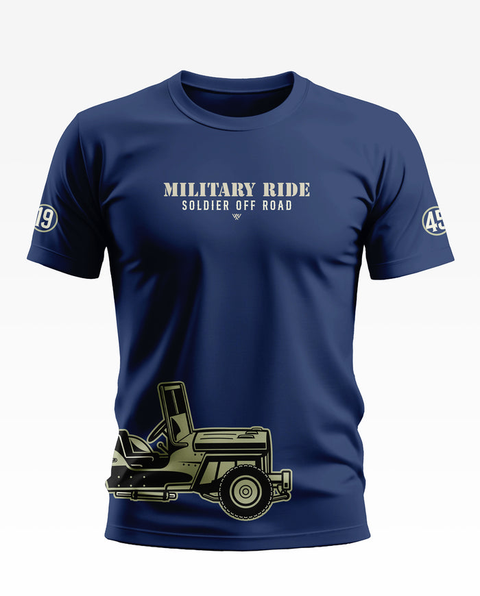Navy blue men's t-shirt with 'Military Ride Soldier Off Road' text and army jeep graphic