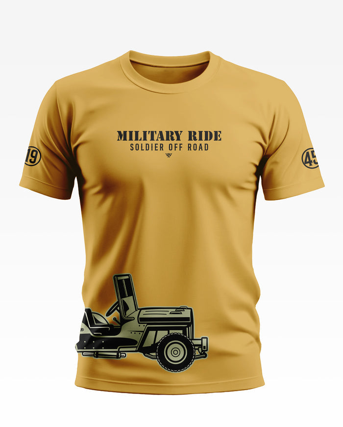 Yellow men's t-shirt with 'Military Ride Soldier Off Road' text and army jeep graphic.