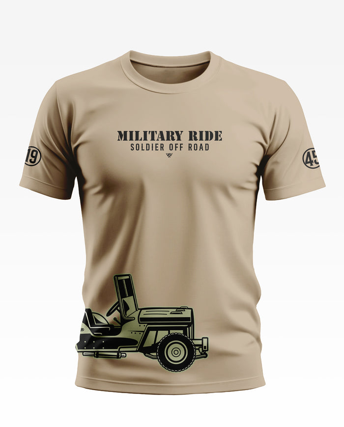 Beige men's t-shirt with 'MILITARY RIDE SOLDIER OFF ROAD' text and army jeep graphic print.