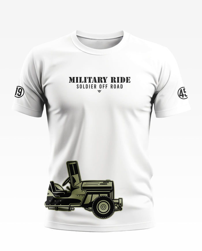 White men's t-shirt with 'MILITARY RIDE SOLDIER OFF ROAD' text and army jeep graphic