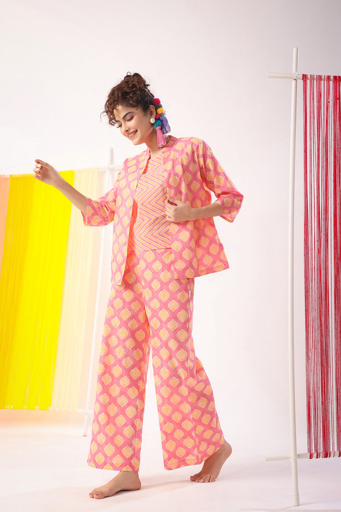 Mimosa Delight on Peach Three Piece Cotton Set