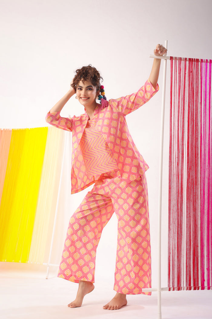 Mimosa Delight on Peach Three Piece Cotton Set