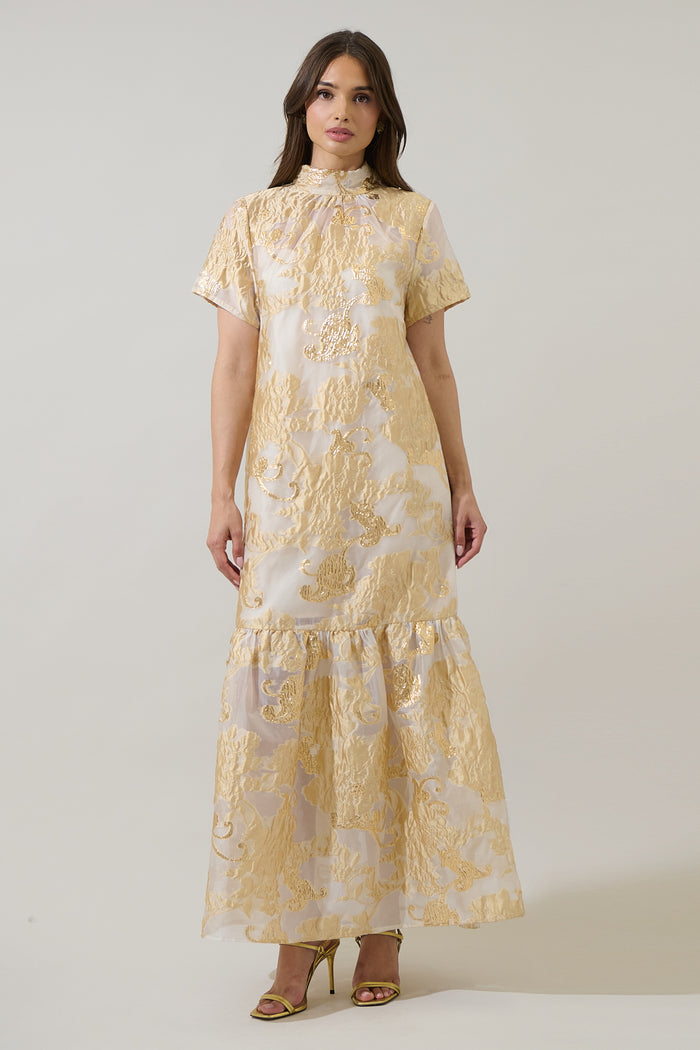 Mimy Floral Dime Organza Mockneck Maxi Dress