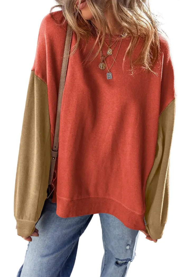 Shop Mineral Red Two Tone Patchwork Drop Shoulder Pullover Sweatshirt at eAura