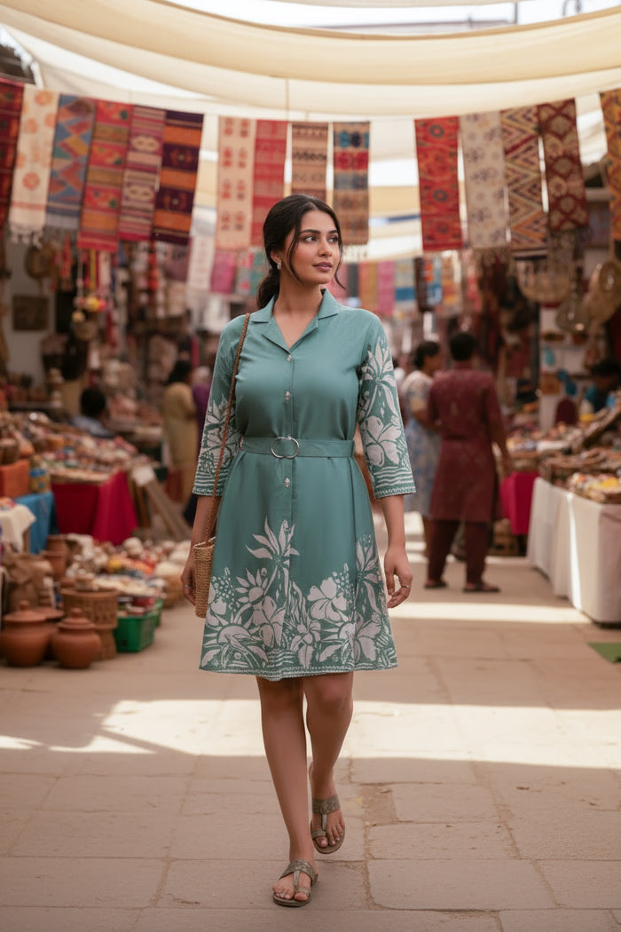 Minty Meadow Floral Russian Silk Dress