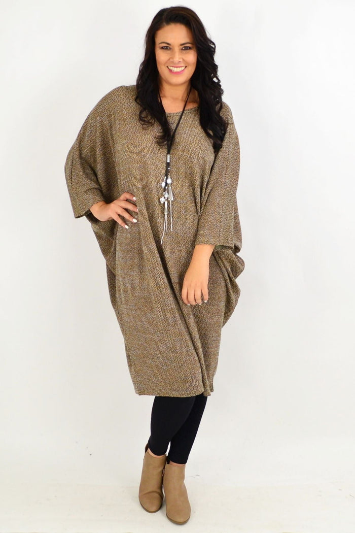Mocha brown textured knit tunic dress by Lilia Whispers, featuring a cozy winter design and free-size fit.