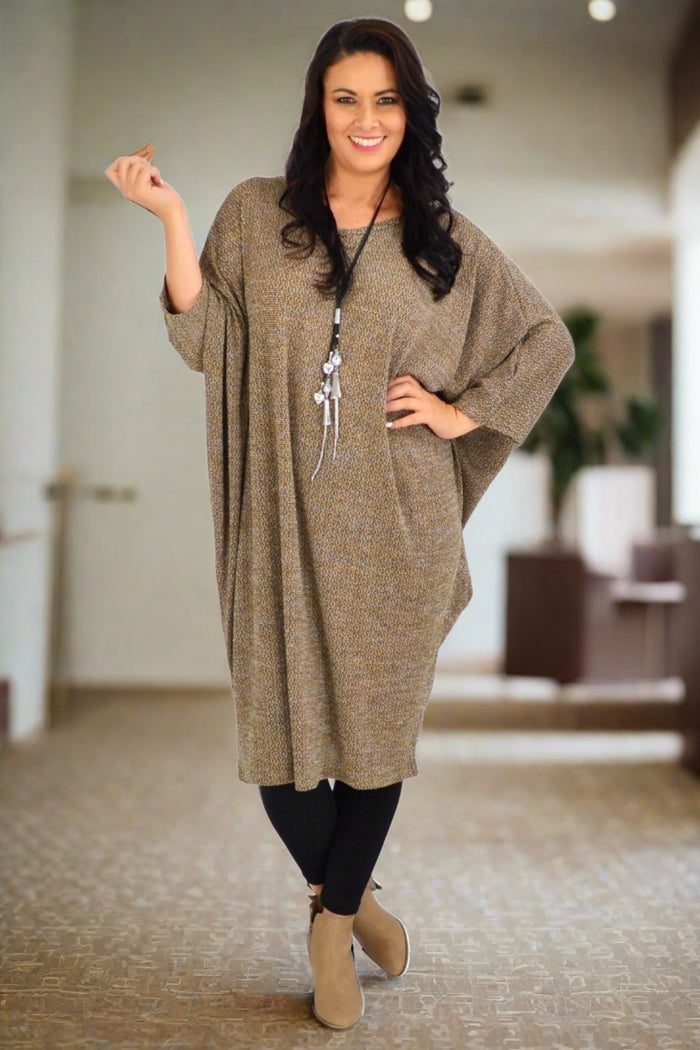 Mocha brown textured knit tunic dress by Lilia Whispers, featuring a cozy winter style and relaxed fit.