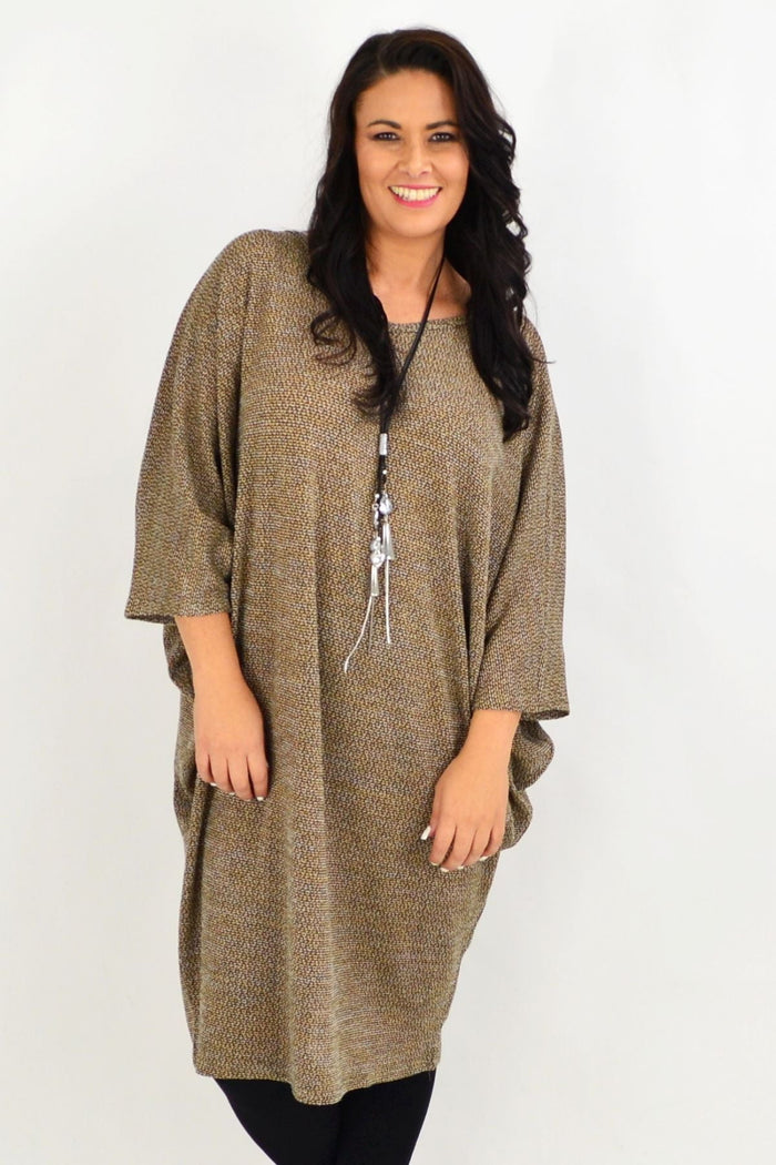 Mocha brown textured knit tunic dress by Lilia Whispers, featuring a cozy winter design and free-size fit, styled for casual wear.