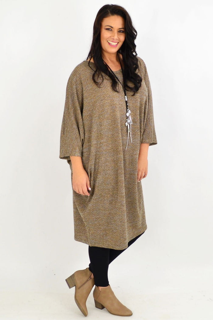 Mocha brown textured knit tunic dress by Lilia Whispers, featuring a cozy winter design and free size fit.