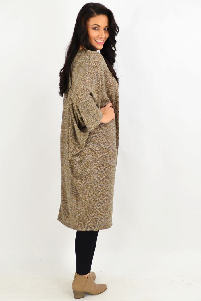 Mocha brown textured knit tunic dress by Lilia Whispers, featuring a cozy winter design and relaxed fit.