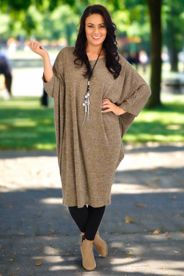 Mocha brown textured knit tunic dress by Lilia Whispers, featuring a cozy, winter-ready design and relaxed fit.