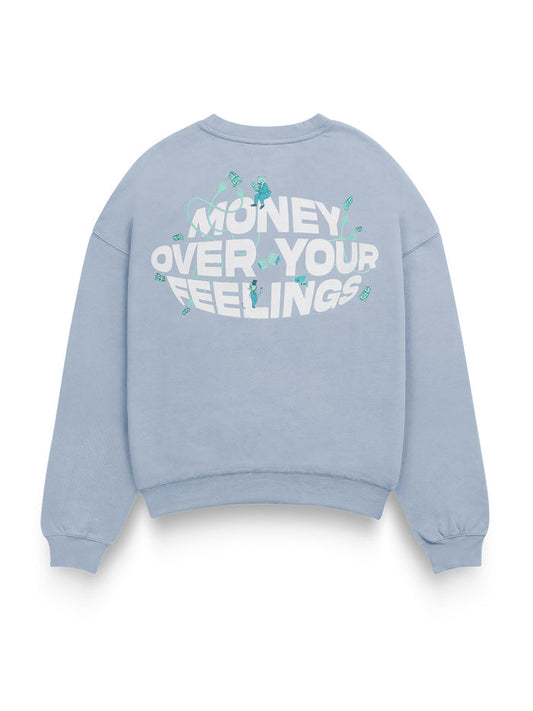 Ice Blue Sweatshirt Male Model Front View – Money Over Your Feelings – GROOVY Pakistan