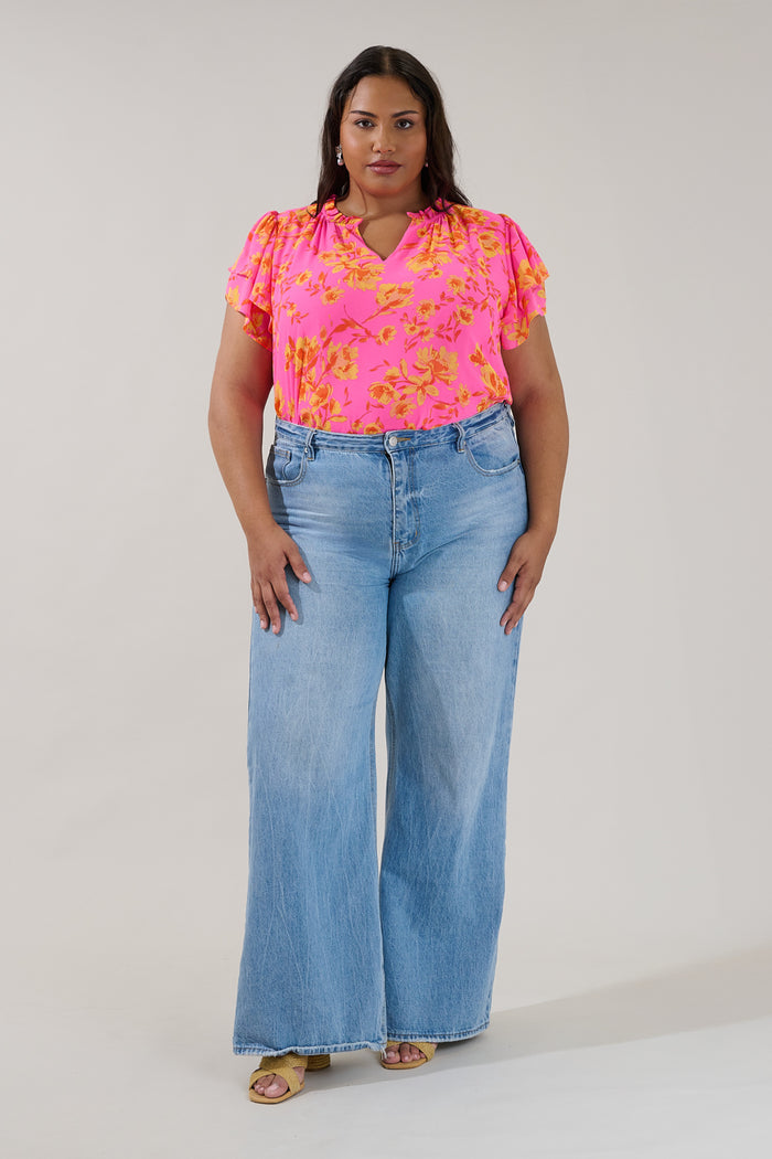 Montie Ruffle Blouse Hot Rod Floral Curve