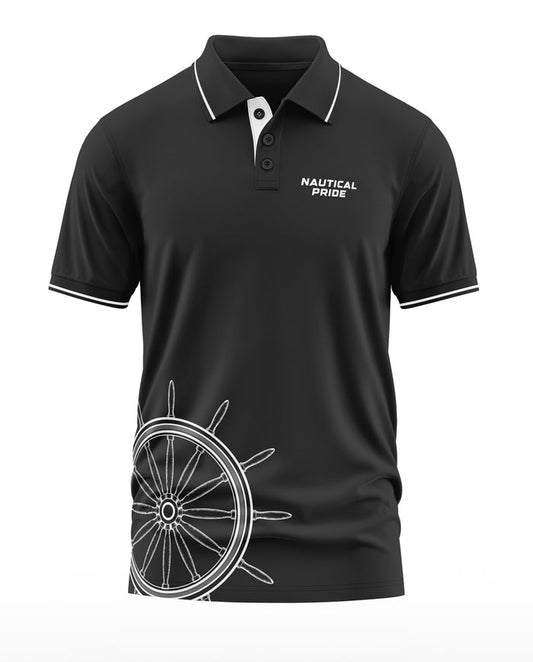 Black men's polo T-shirt with 'Nautical Pride' text and ship wheel design, short sleeves