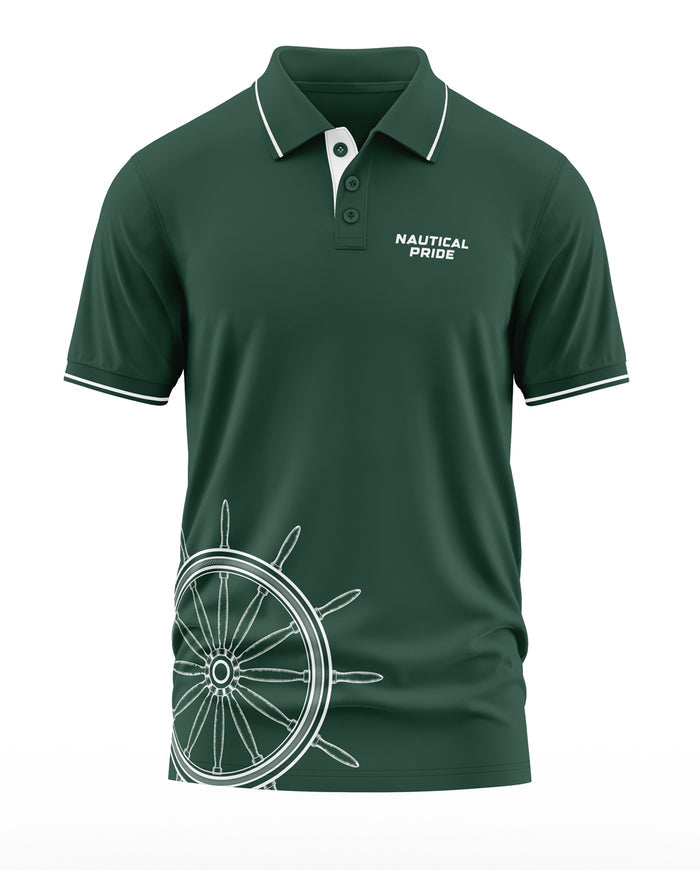 Green men's polo t-shirt with 'Nautical Pride' text and ship wheel graphic, short sleeves