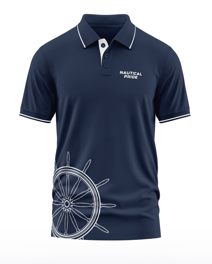 Navy blue men's polo t-shirt with nautical wheel graphic and 'Nautical Pride' text on chest