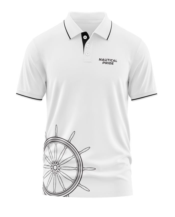 White men's polo T-shirt with 'Nautical Pride' text and ship wheel graphic on the lower side
