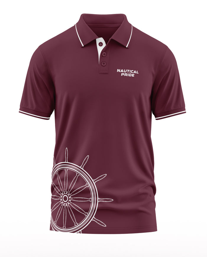 Maroon men's polo t-shirt with nautical wheel graphic and 'Nautical Pride' text on chest