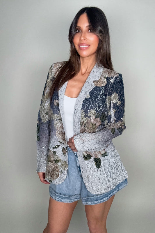 Style the Navy Flower Sequin Embellished Lace Blazer Jacket exclusively at Born To Glam