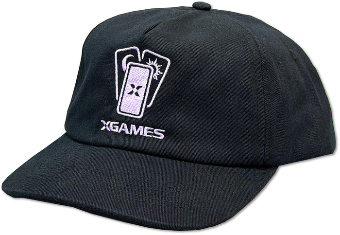 A black baseball cap featuring a white embroidered logo of a card icon above the text 'XGAMES' on the front panel.