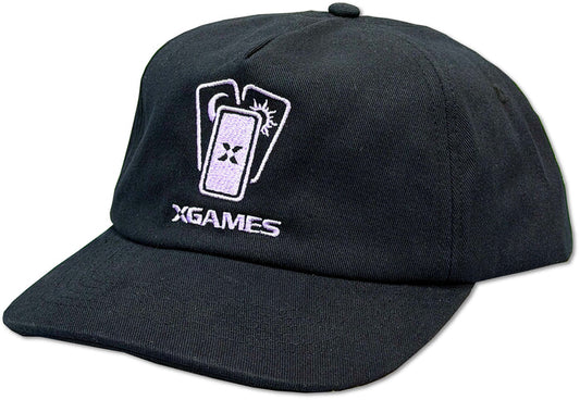 A black baseball cap featuring a white embroidered logo of a card icon above the text 'XGAMES' on the front panel.