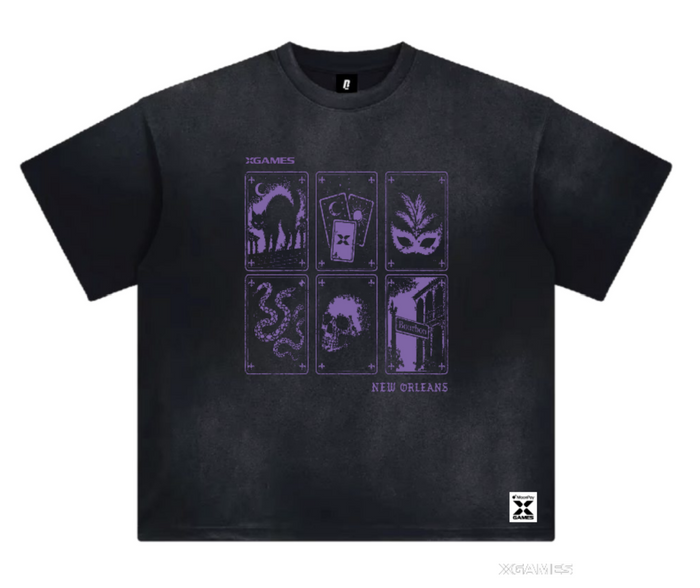 A black short-sleeve t-shirt with a purple graphic print on the front depicting six New Orleans-themed illustrations. The word 'NEW ORLEANS' is printed below the grid.