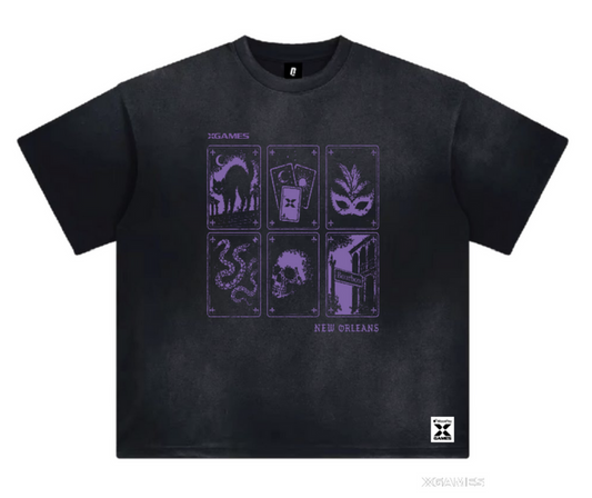 A black short-sleeve t-shirt with a purple graphic print on the front depicting six New Orleans-themed illustrations. The word 'NEW ORLEANS' is printed below the grid.