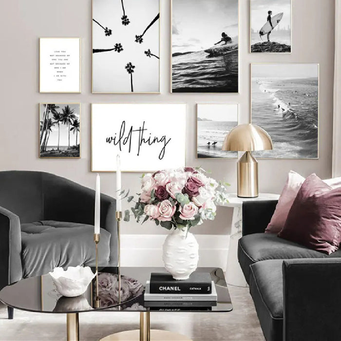 Nordic black-and-white seaside surf poster on premium frameless canvas for minimalist wall decor