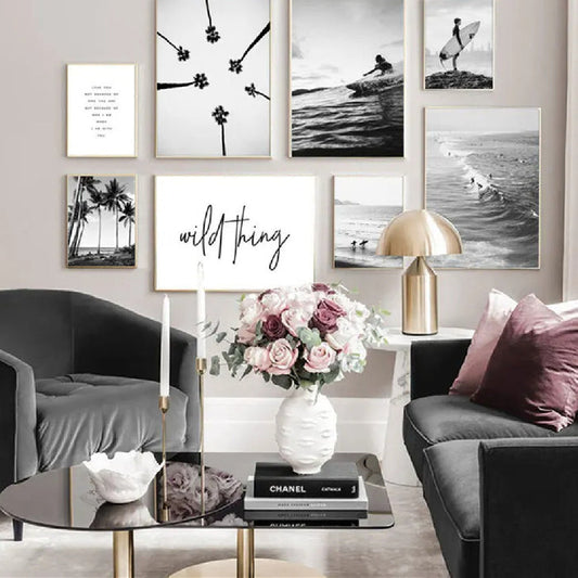 Nordic black-and-white seaside surf poster on premium frameless canvas for minimalist wall decor