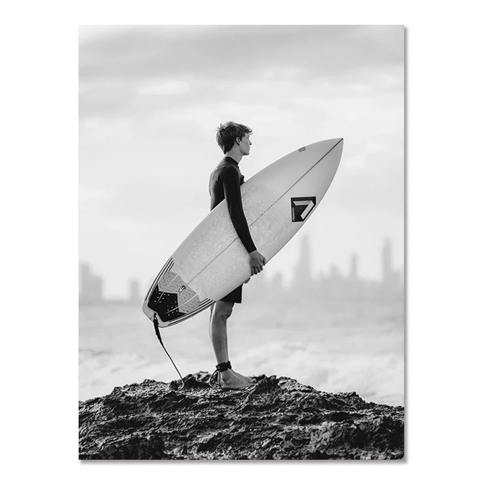 Monochrome seaside surf scene in Nordic modern style printed on frameless canvas