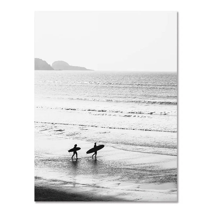 Frameless Nordic seaside poster featuring modern black-and-white surf photography