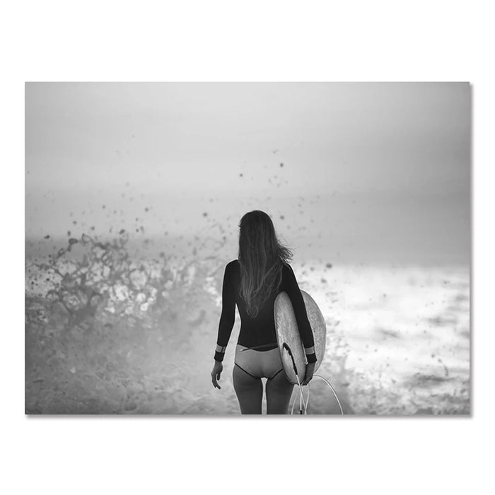 Nordic coastal canvas artwork variant with monochrome ocean and surfing theme