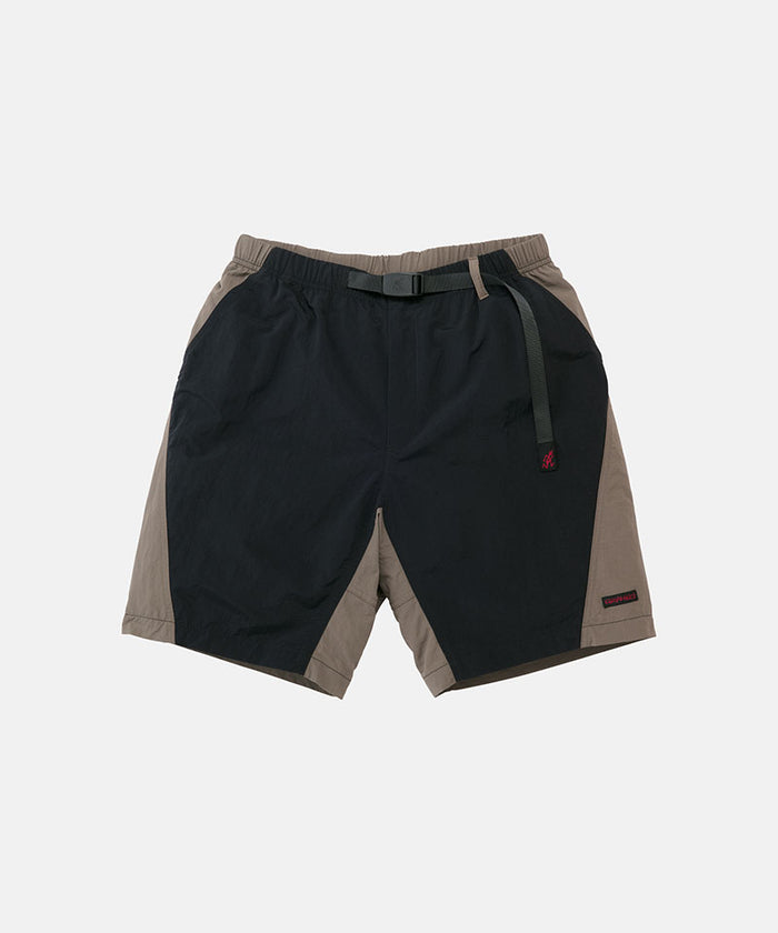 Black Gramicci Nylon Block Shorts with a belt against a light-tone background.
