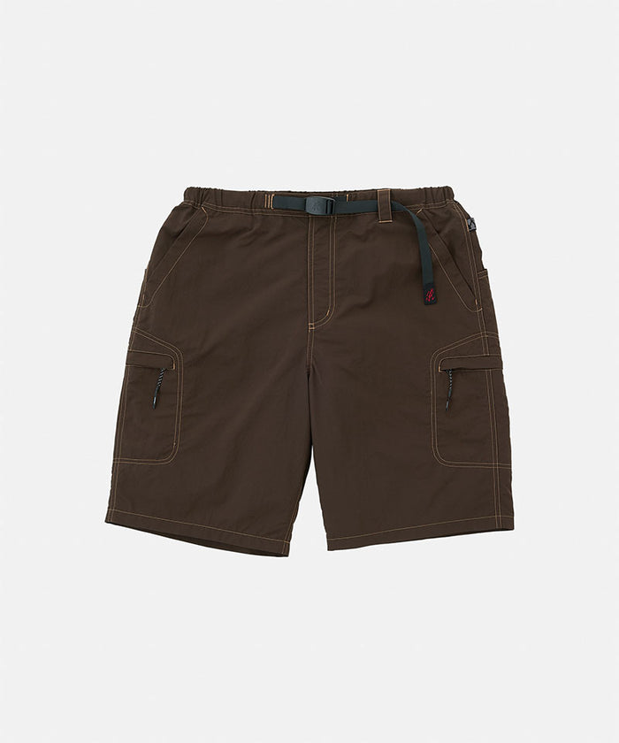 Chocolate colored Gramicci Nylon Cliff Short with a belt against a light-tone background.