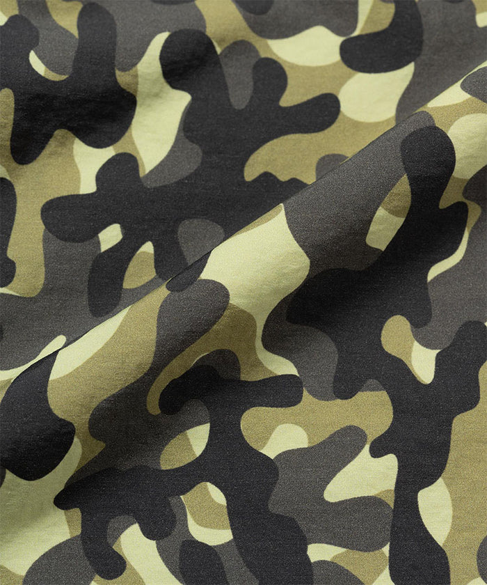 Gramicci olive camo colored Nylon Reef Shorts fabric swatch.