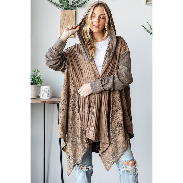 O&H - Mineral Washed, Lace Detail, Cardigan w Hood 0446 - Coffee