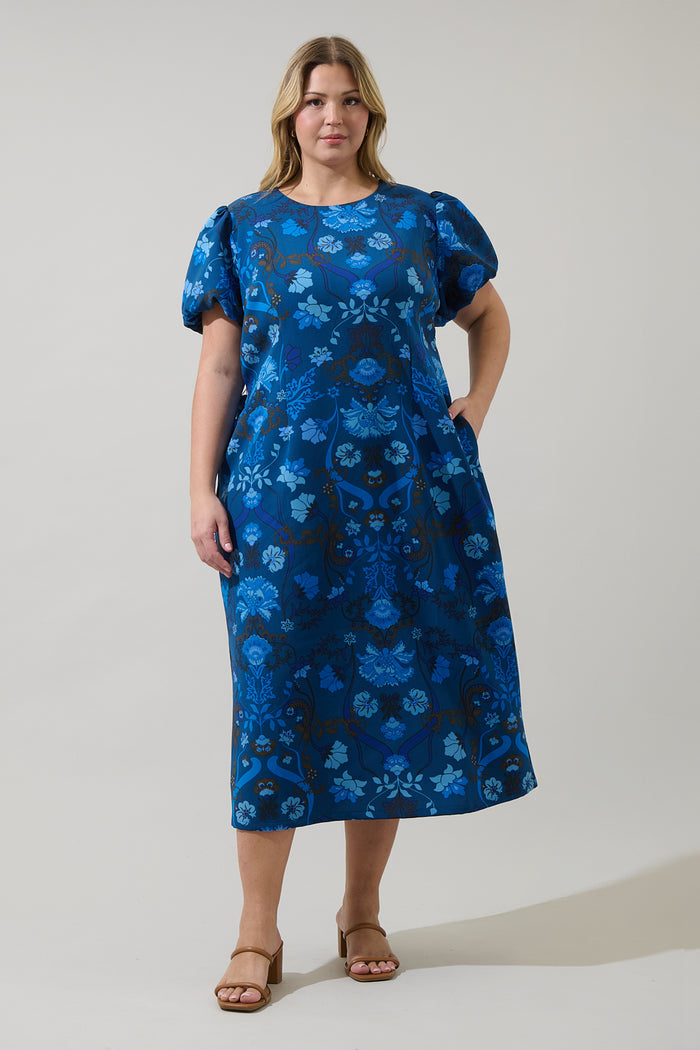 Palmate Floral Senidy Puff Sleeve Midi Dress Curve