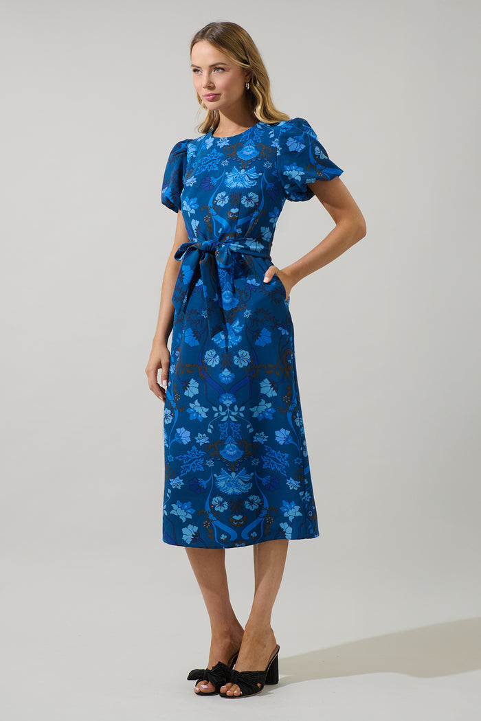 Palmate Floral Senidy Puff Sleeve Midi Dress