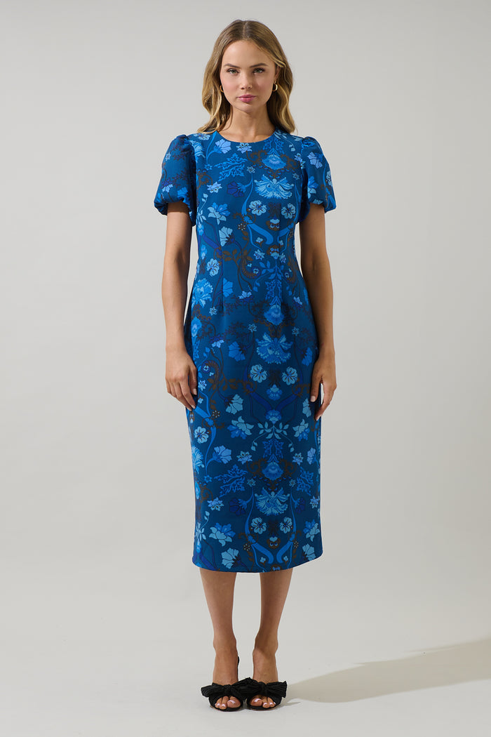 Palmate Floral Senidy Puff Sleeve Midi Dress