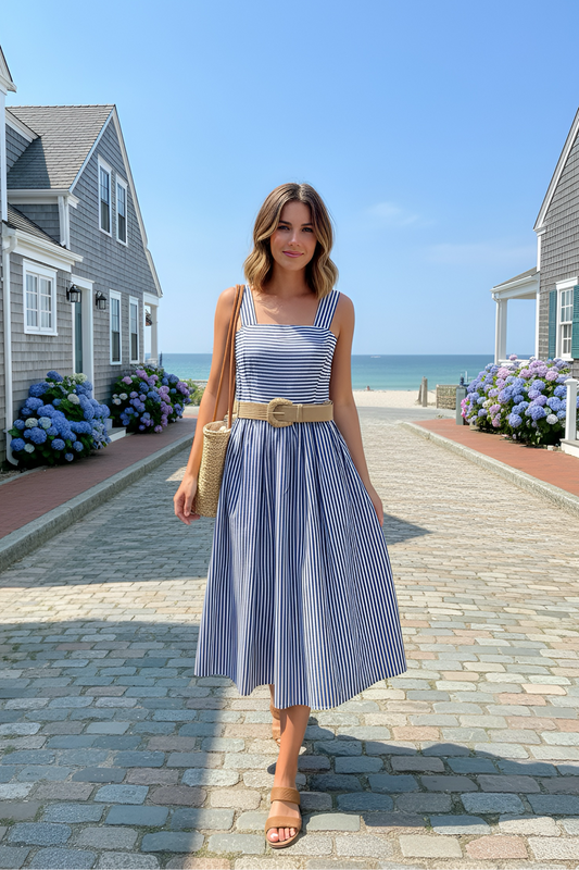 Woman in a blue and white striped dress standing on a cobblestone path near beach houses with flowers.