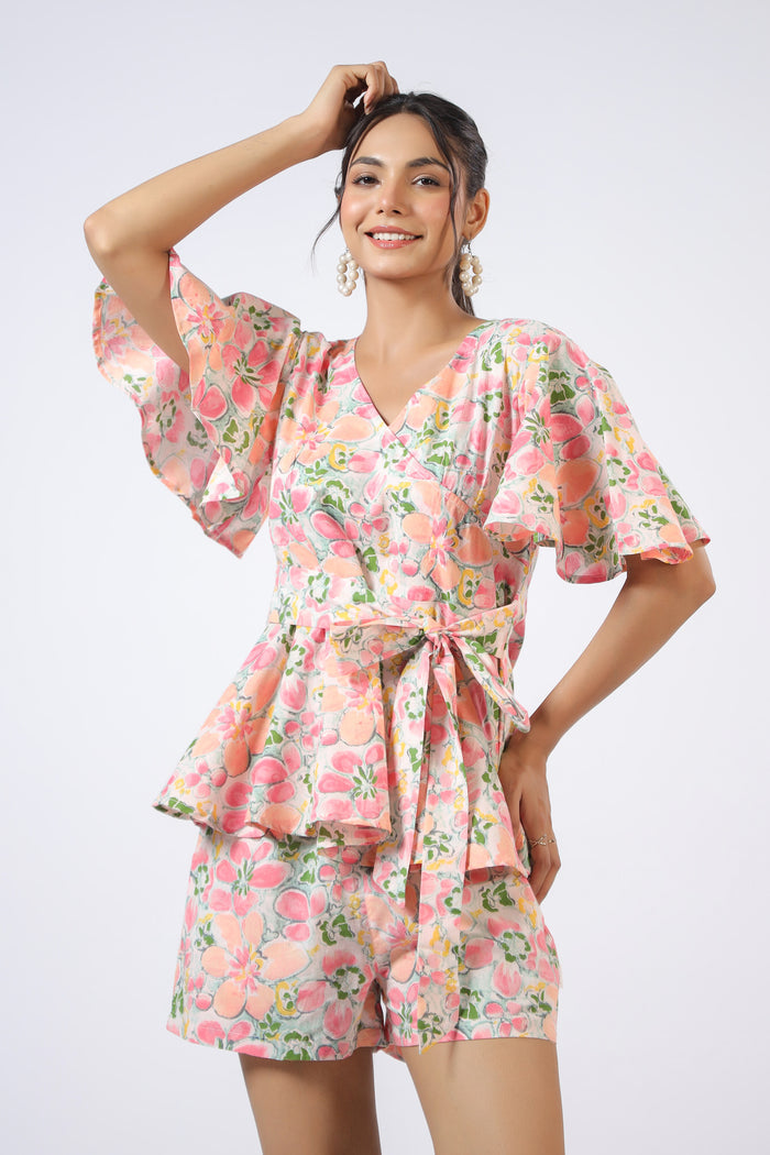 Peachy Floral Harmony Cotton Shorts Set