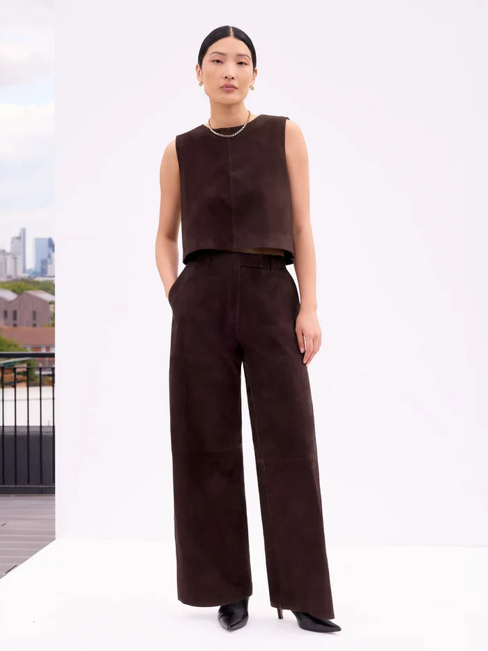 Petite Chocolate Brown Suede Wide Leg Trousers