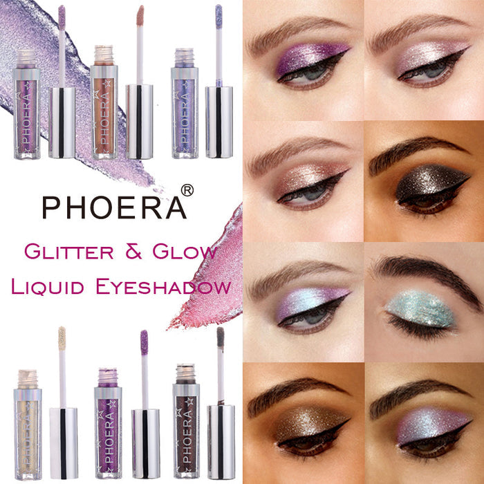 PHOERA liquid eyeshadow visual showing metallic shimmer shade options for eyelid makeup, party looks and evening style ideas.