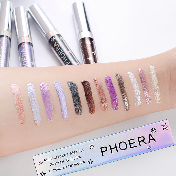 PHOERA shine eyeshadow product view highlighting the liquid format and eight shades for coordinated eye makeup styling ideas.