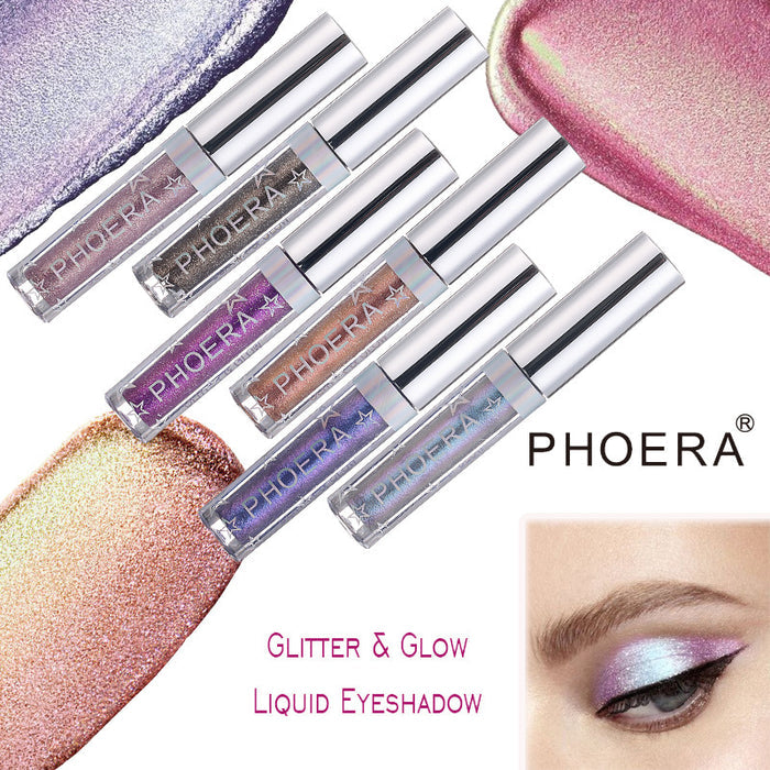 Metallic liquid eyeshadow by PHOERA shown as a 21 g eye makeup option with fine glitter pigment for a visible shimmer detail.