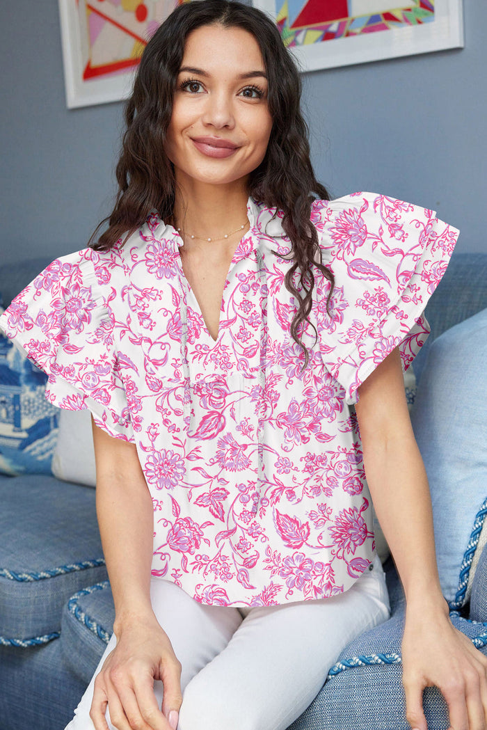 Pink Baroque Floral Ruffle Sleeve V-Neck Blouse Top - Tops/Blouses & Shirts