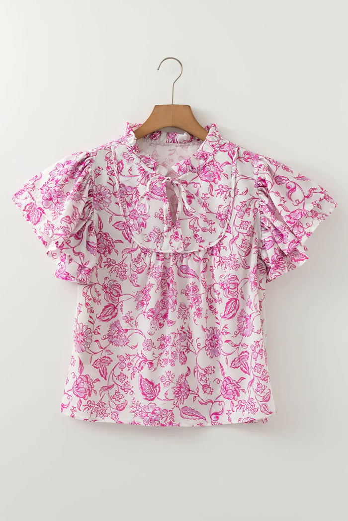 Pink Baroque Floral Ruffle Sleeve V-Neck Blouse Top - Tops/Blouses & Shirts